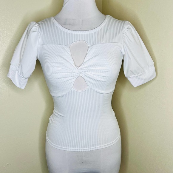 Jolie & Joy Ribbed Top SMALL Keyhole Twist Front Puff Sleeve Crewneck Chic Women - Picture 1 of 8